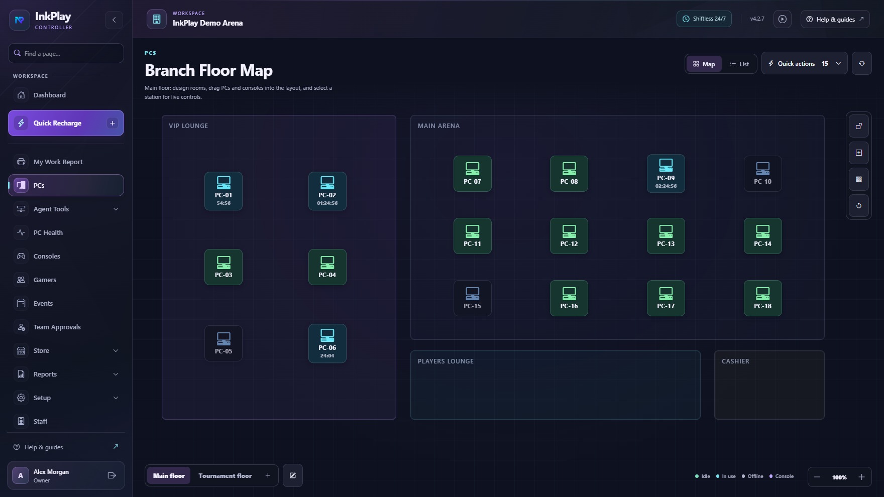 InkPlay Controller floor map with VIP and main arena PCs