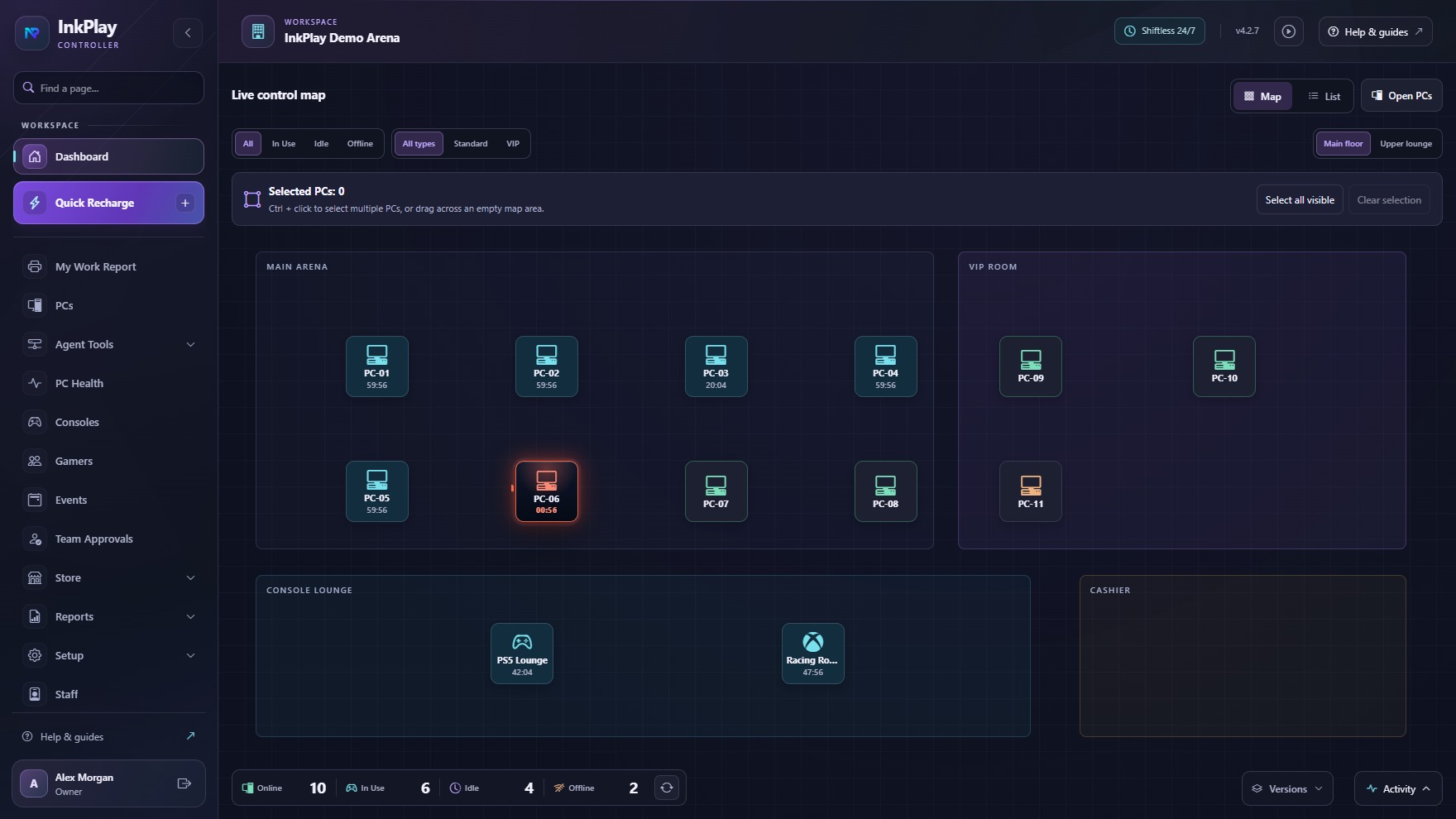 InkPlay Controller live dashboard with PC and console sessions