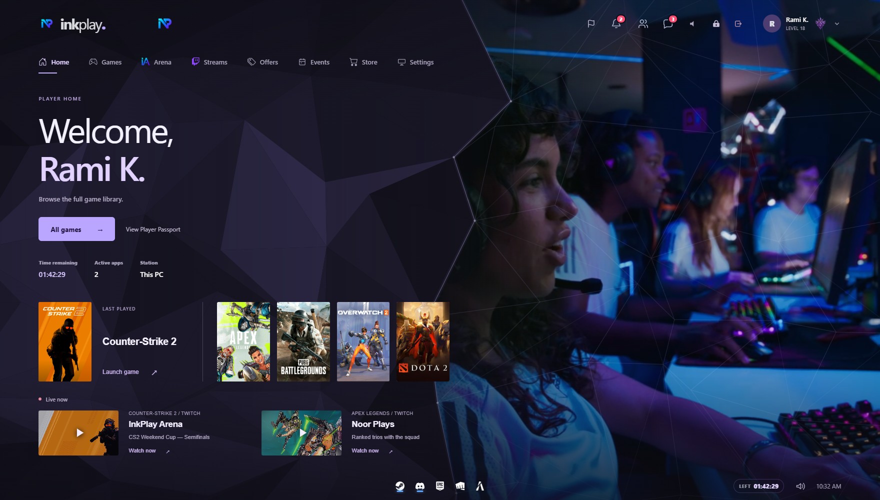 The current InkPlay Agent Home with its games, session timer and player navigation