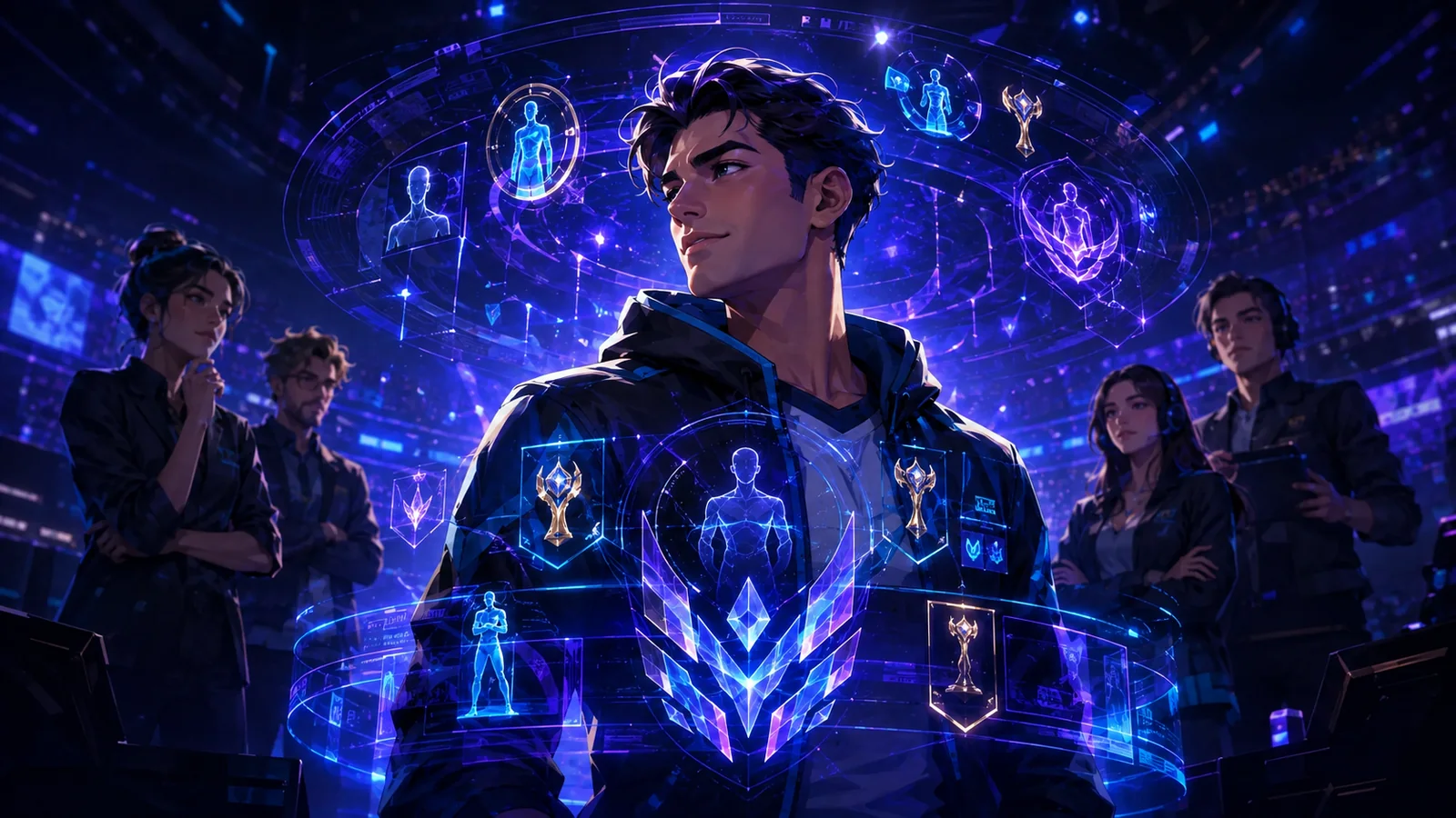 An animated gamer surrounded by identity records with an esports team planning behind them
